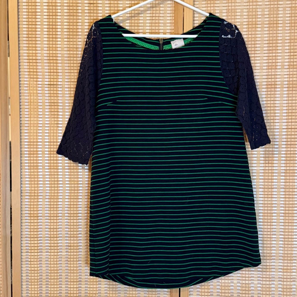 Anthropologie Postmark Striped Lace Sleeve Shift‎ Dress Navy Green Medium Boho